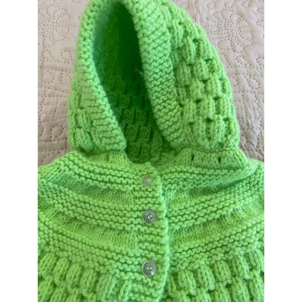 Vintage Toddler Handmade Knit Baby Sweater w/ Hood 12x12 Green Heirloom‎